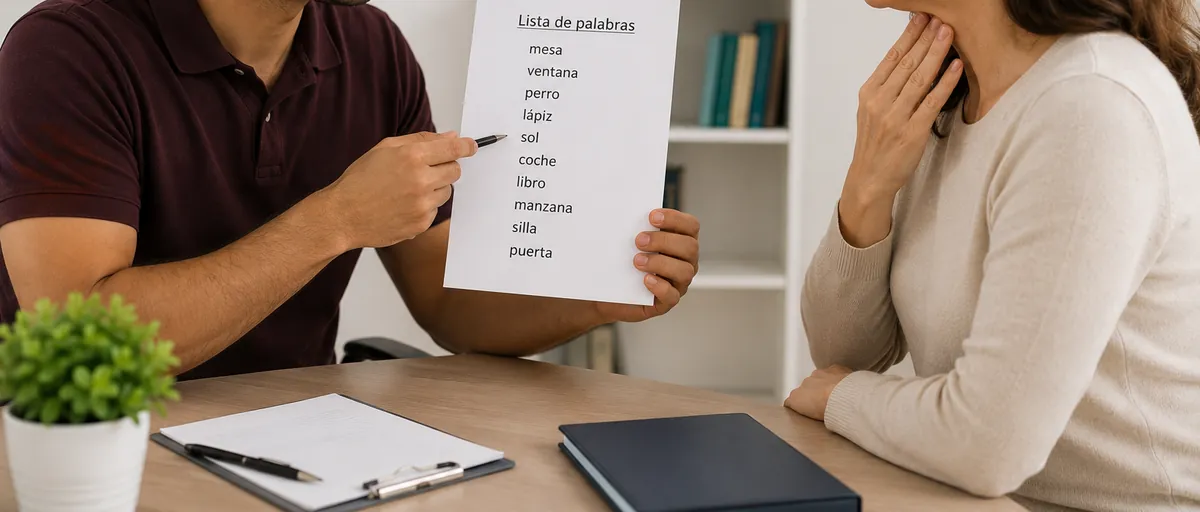Logopeda y paciente en una sesión de articulación con lista de palabras, disartria en Vigo
